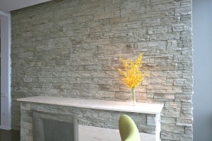 Light gray cobble stone fireplace