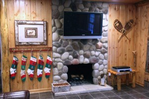 River Rock veneer fireplace at Christmas