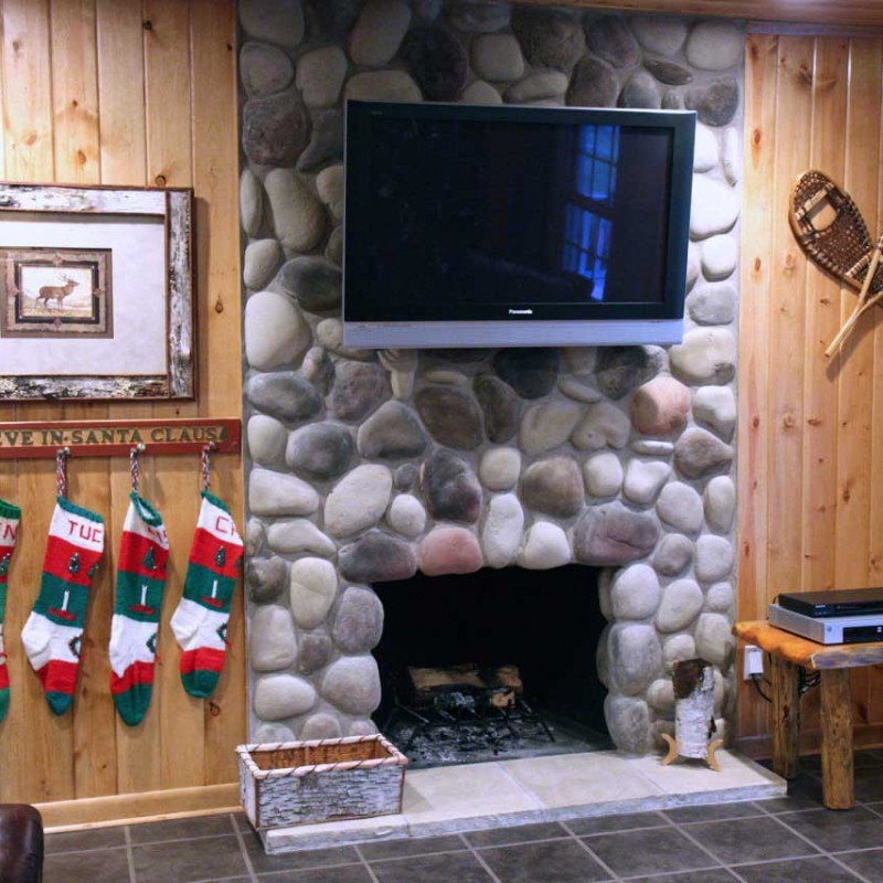 River Rock veneer fireplace at Christmas